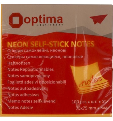 Стикеры Optima O25513-06 75x75мм 100л оранжевый неон