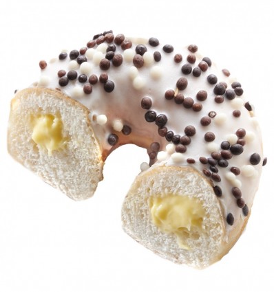Пончик в белой глазури с шариками и начинкой 68г (3661423016695)