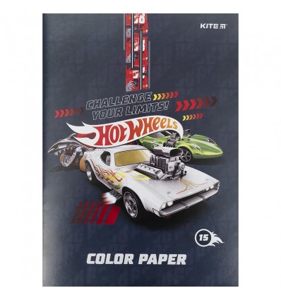 Бумага цветная двусторонняя Kite Hot Wheels, А4, 15 листов