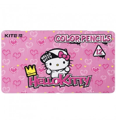 Карандаши цветные трехгранные Kite Hello Kitty, 12 шт, металлический пенал