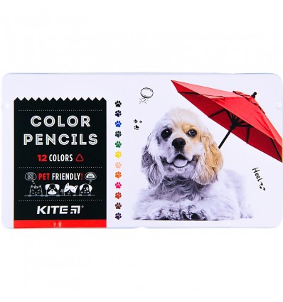 Карандаши цветные трехгранные Kite Dogs K22-058-1, 12 цветов, металлический пенал