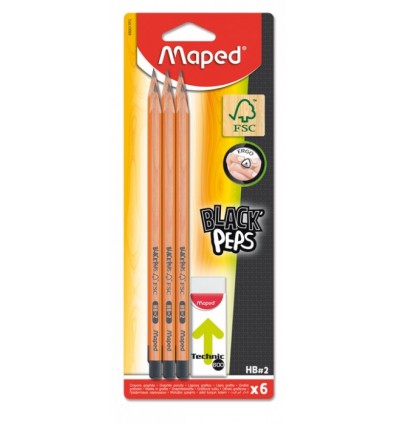 Набор карандашей графитовых MAPED BLACK PEPS HB, с ластиком в наборе, 6шт