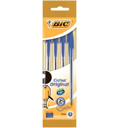 Ручка масляная BIC "Cristal", синяя, 0.4 мм, 4шт в блистере