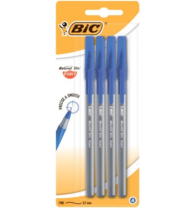 Ручка масляная BIC "Round Stic Exact", синяя, 4шт в блистере