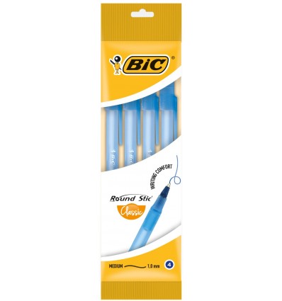 Ручка масляная BIC "Round Stic", синяя, 4 шт в блистери