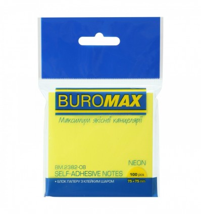 Блок для нотаток BUROMAX NEON, з клейким шаром 75х75мм, 100 аркушів, жовтий