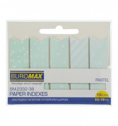 Закладки паперові BUROMAX PASTEL, з клейким шаром, 65x18 мм, 100 аркушів, м'ятні