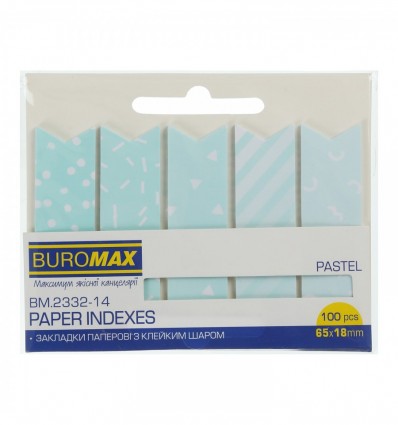 Закладки паперові BUROMAX PASTEL, з клейким шаром, 65x18 мм, 100 аркушів, блакитні