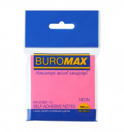 Блок для нотаток BUROMAX NEON, з клейким шаром 75х75мм, 100 аркушів, рожевий