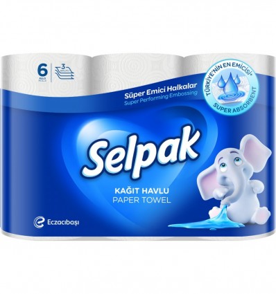 Рушники целюлозні SELPAK, 6 рулони, на гільзі, 3-х шарові, білі ( sp.15043 )