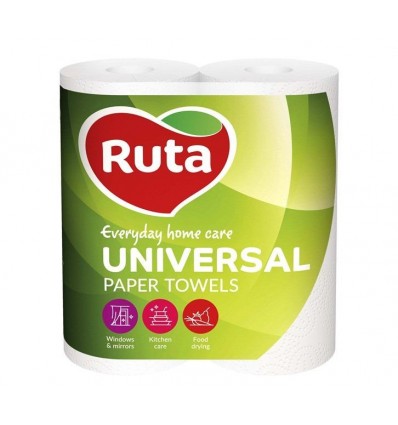 Рушники целюлозні RUTA "Universal", 2 рулона, на гільзі, 2-х шарові, білі