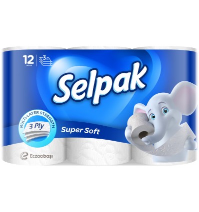 Туалетная бумага SELPAK целлюлозная 12 рулона на гильзе, 3-х слойная, белая