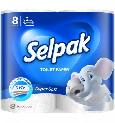 Туалетная бумага целлюлозная, "Selpak", 8 рулона, 3-х слойная, белый