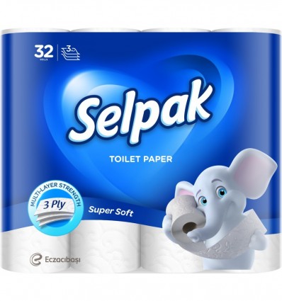 Туалетная бумага SELPAK целлюлозная 32 рулона на гильзе, 3-х слойная, белая