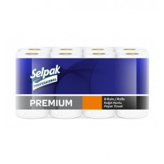 Полотенца целлюлозные SELPAK Premium, 8 рулонов, на гильзе, 3-х слойные, белые