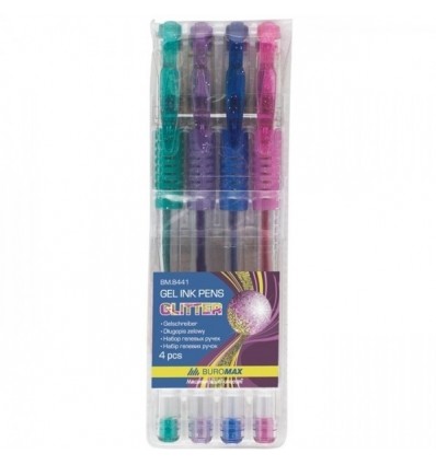 НАБІР гелевих ручок 4 кольори з блискітками (прогумований грип) Buromax
