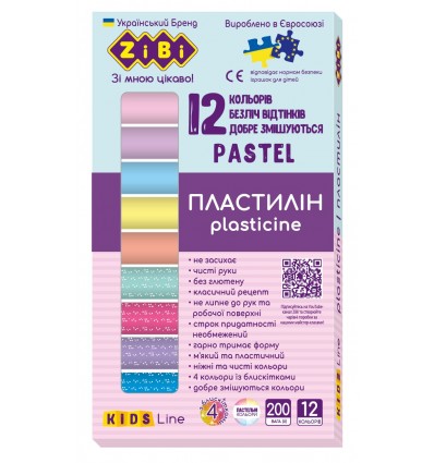 Пластилін KIDS Line PASTEL 12 кольорів, (8 пастель + 4 глітер), 200г