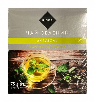 Чай Rioba Меліса зелений байховий дрібний з мелісою і м`ятою, аромат лимона 50х1.5г