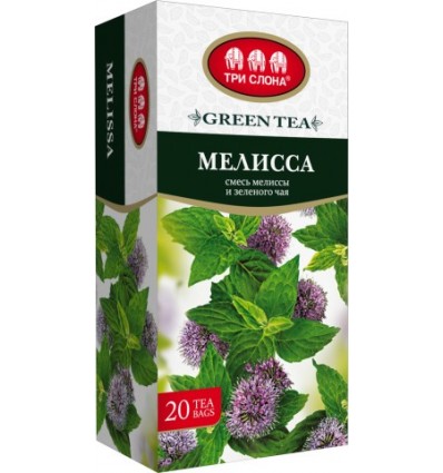 Чай зелений ТРИ СЛОНА "Меліса" 20х1,3г, пакет