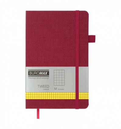 Книга записная BUROMAX TWEED 125х195, 96 листов, клетка, обложка искусственная кожа, бордовая
