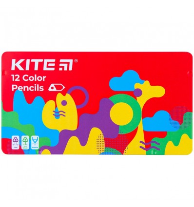 Карандаши цветные трехгранные Kite Fantasy, 12 цветов, металлический пенал.
