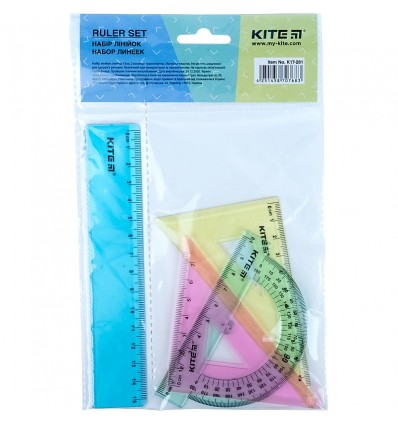 Набір Kite: лінійка 15 см, 2 косинця, транспортир, асортимент кольорів