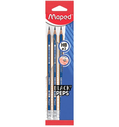 Набор карандашей графитовых BLACK PEPS HB, c ластиком, блистер (3шт)