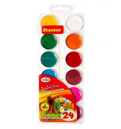 Фарби акварельні "Мультики" з медовмісними добавками, напівсухі, 24 кольорів, збільшений об'єм кювет