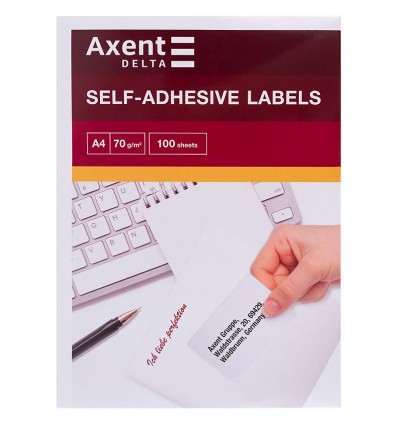 Етикетки з клейким шаром Axent Delta, 100 аркушів A4, 210х297мм, 1 шт/арк.