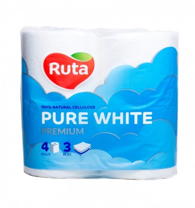 Туалетная бумага RUTA "Pure White" 4 рулона на гильзе, 3-х слойная, белая