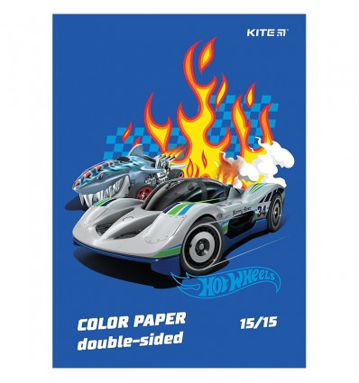 Папір кольоровий двосторонній Kite Hot Wheels HW24-250, А4, 15 аркушів