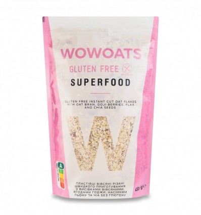 Пластівці Wowoats Superfood вівсяні з ягод годжи та льон 450г