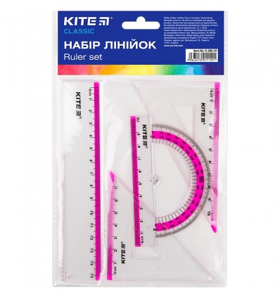 Набір Kite Classic K-280-10: лінійка 15 см, 2 косинця, транспортир з рожевою смугою ( K-280-10 )
