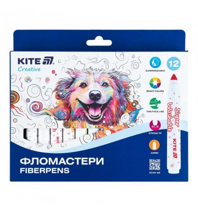 Фломастери Kite Creative Superwashable Jumbo K-1155, 12 кольорів