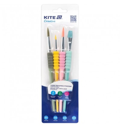 Набор кистей с гриппом Kite Creative K-334-2 (синтетика круглые 2, 6, 10, плоский 12)