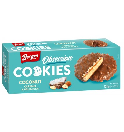 Печенье Bergen с карамелью, фундуком, злаковыми шариками и кокосовой стружкой, покрытое молочным шок
