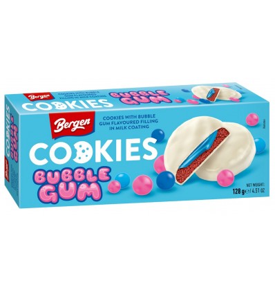 Печенье Bergen с молочно-сливочной начинкой со вкусом жевательной резинки покрыто молочной глазурью 