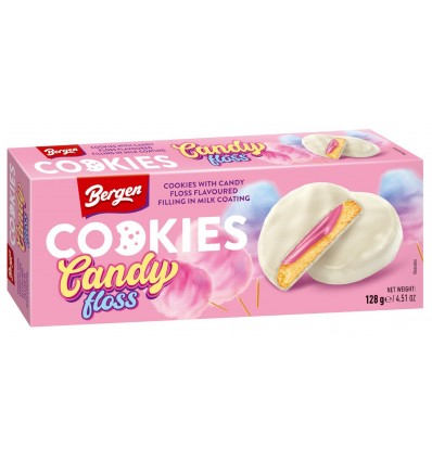 Печенье Bergen с молочно-сливочной начинкой со вкусом сахарной ваты покрыто молочной глазурью 128г