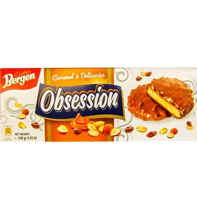 Печенье Bergen с карамелью, фундуком, изюмом и злаковыми шариками, покрытое молочным шоколадом 128г