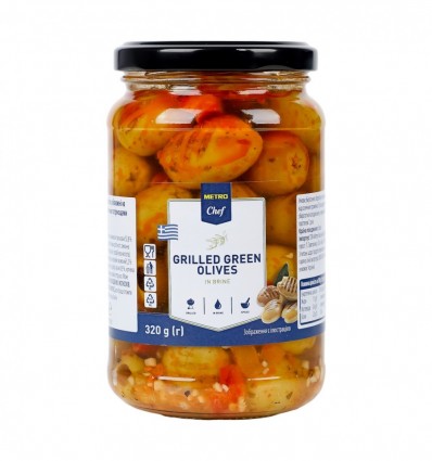 Оливки Metro Chef зеленые без косточек обжарены на гриле в маринаде с овощами и пряностями 320г