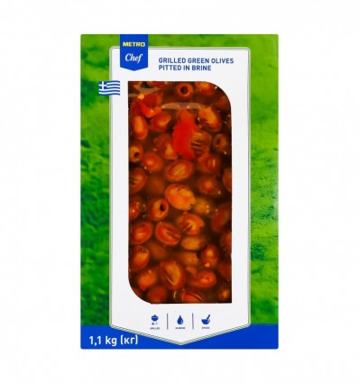 Оливки Metro Chef зеленые без косточек гриль в маринаде с овощами и пряностями 1,1 кг