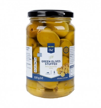 Оливки Metro Chef зелені фаршировані анчоусами у соняшниковій олії 320г