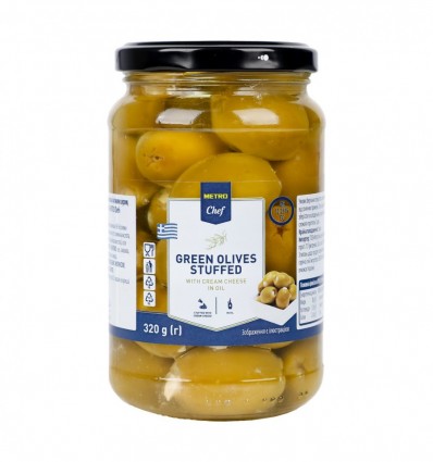 Оливки Metro Chef зелені фаршировані м’яким сиром у соняшниковій олії 320г