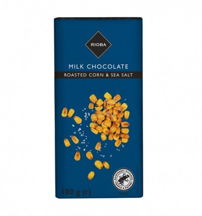 Шоколад Rioba молочний зі шматочками смаженої кукурудзи і морською сіллю 180г