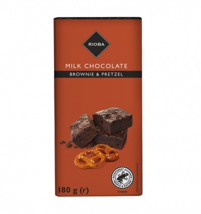 Шоколад Rioba молочный с кусочками брауни и претцеля 180г