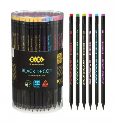 Олівець графітовий HB, BLACK DECOR, пластиковий, триграний, з гумкою, туба - 144 шт, ZB.2321