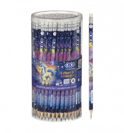 Олівець графітовий HB, UNICORN ZB.2326, з гумкою, туба - 100 шт