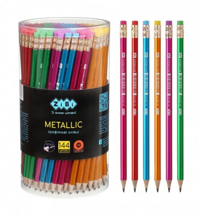 Олівець графітовий HB, METALLIC ZB.2319, пластиковий, з гумкою, туба - 144 шт