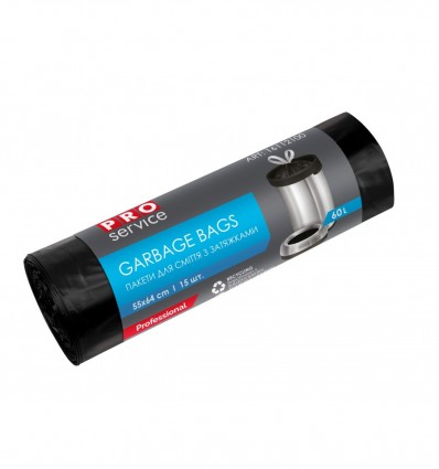 Пакеты с затяжкой п/э, 55*64, черные HD, 60л/15шт (36шт/ящ) PRO SERVICE, pr.16112100
