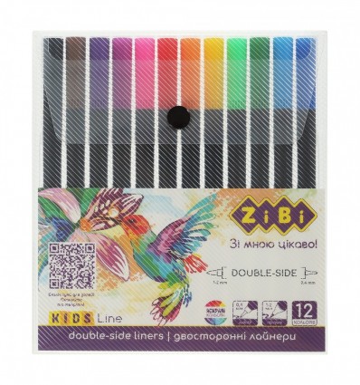 Набор лайнеров, 12 цв., двусторонние: лайнер+браш, пластиковый пенал, KIDS Line